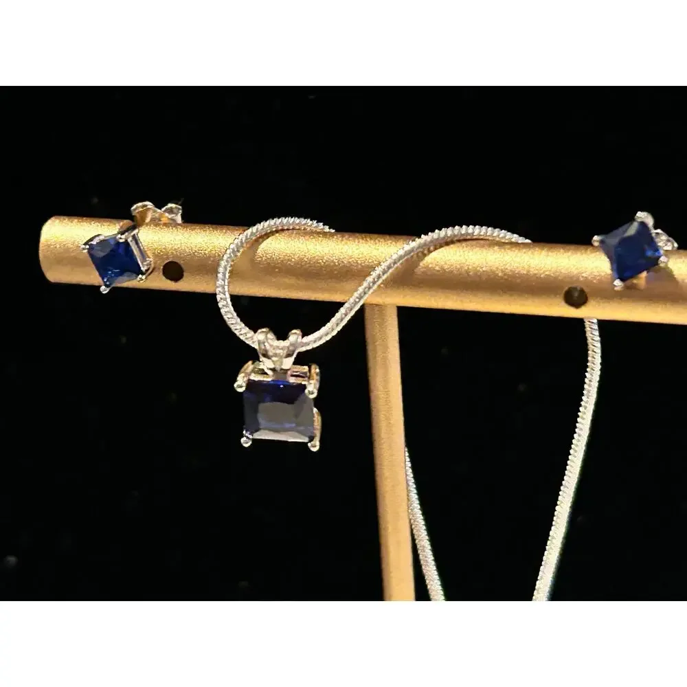 925 Sterling Silver Blue Sapphire CZ Necklace Earring Set 20